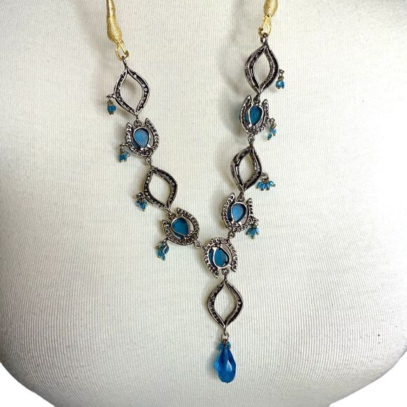Rhinestone blue silver tone adjustable necklace - Picture 9 of 10